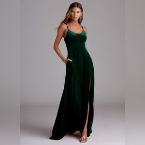 Azazie Emerald Green Velvet Spaghetti-Strap Gown